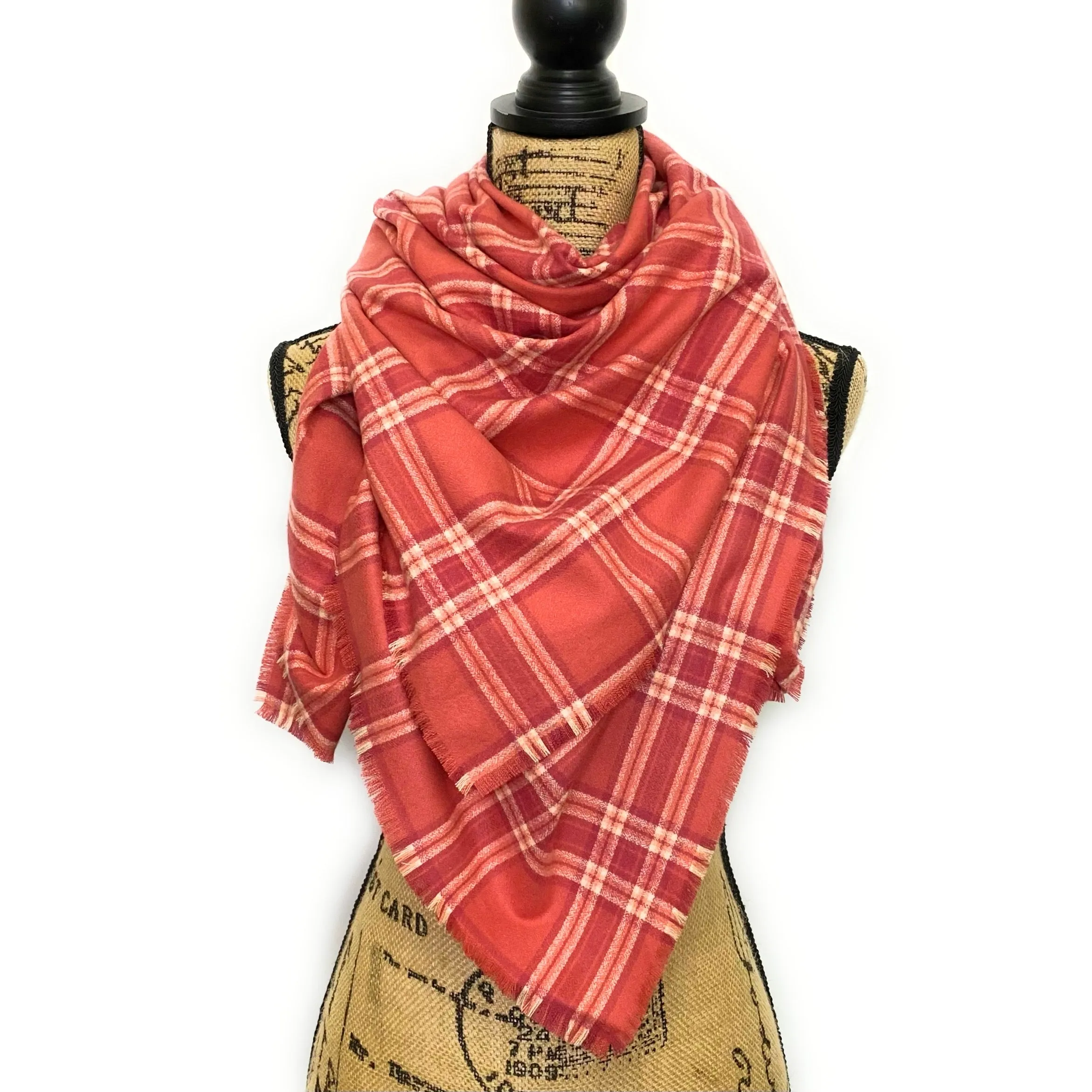 100% Organic Cotton Shades of Strawberry Pink and Cream Plaid Infinity and Blanket Scarves