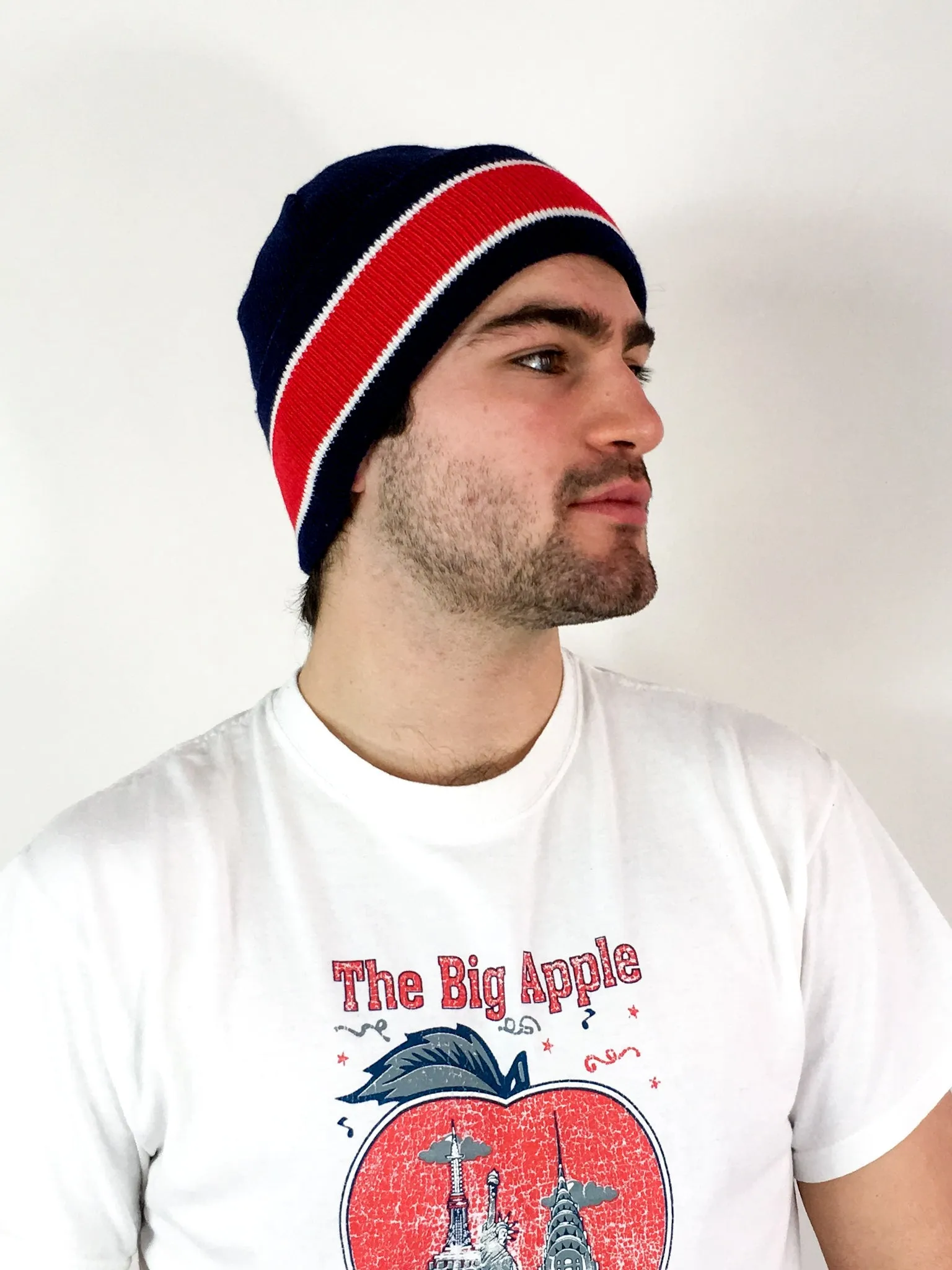 70s/80s navy winter hat, big red stripe