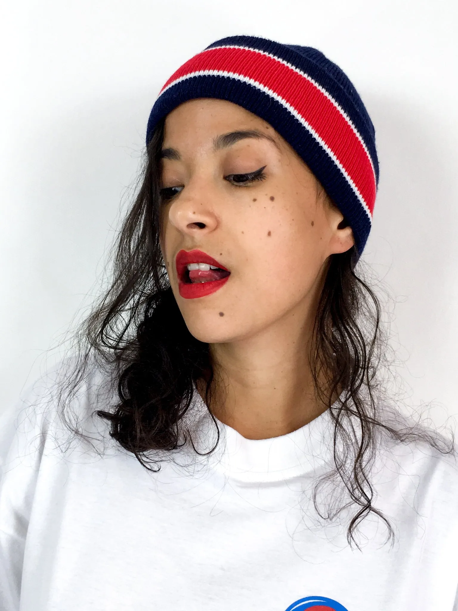 70s/80s navy winter hat, big red stripe