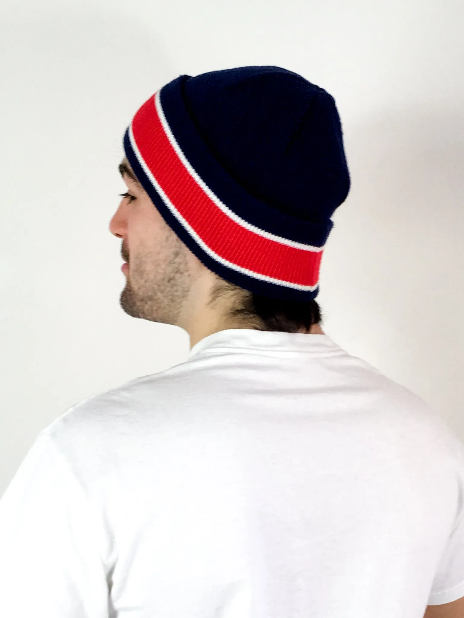 70s/80s navy winter hat, big red stripe