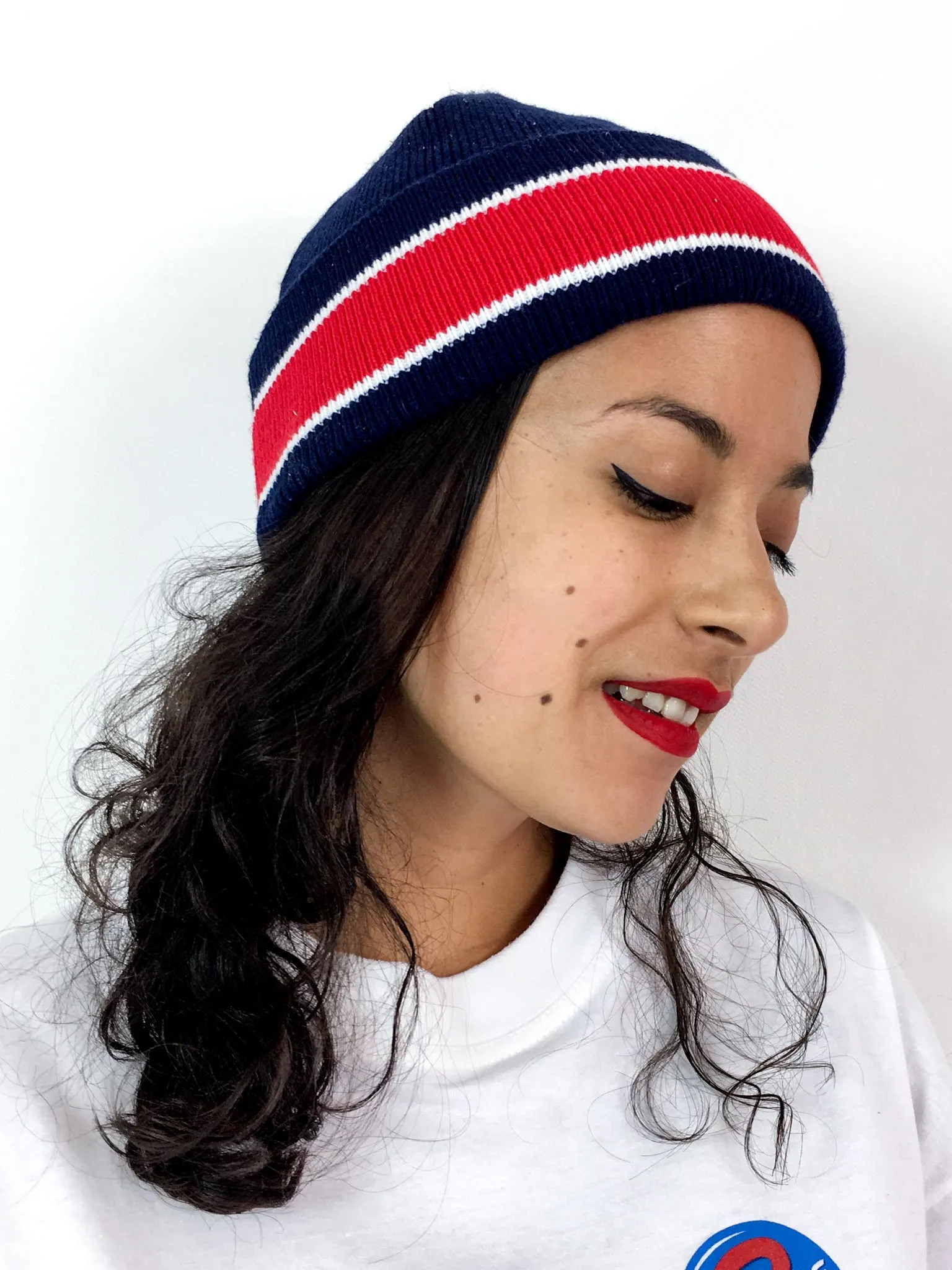 70s/80s navy winter hat, big red stripe