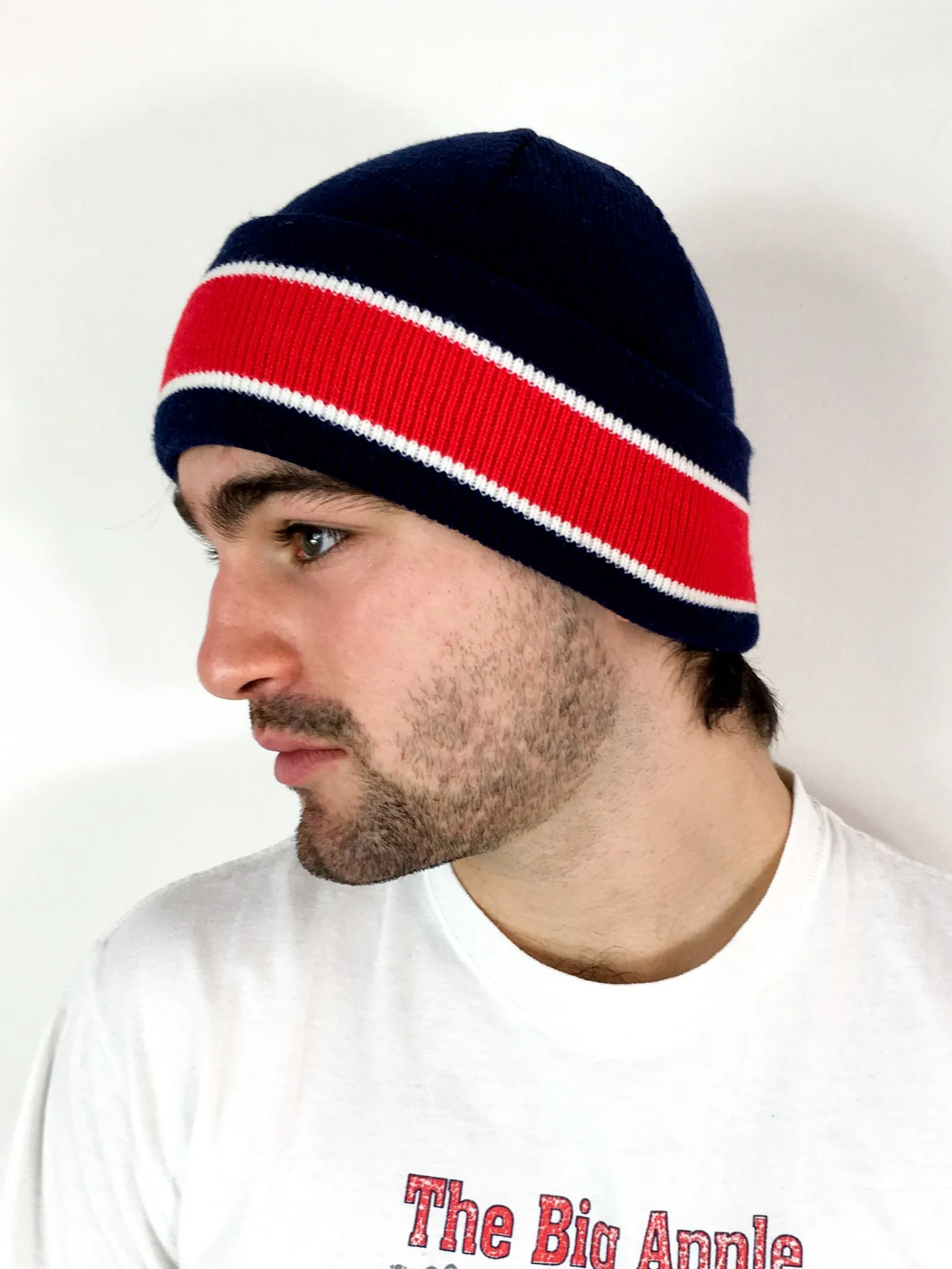 70s/80s navy winter hat, big red stripe