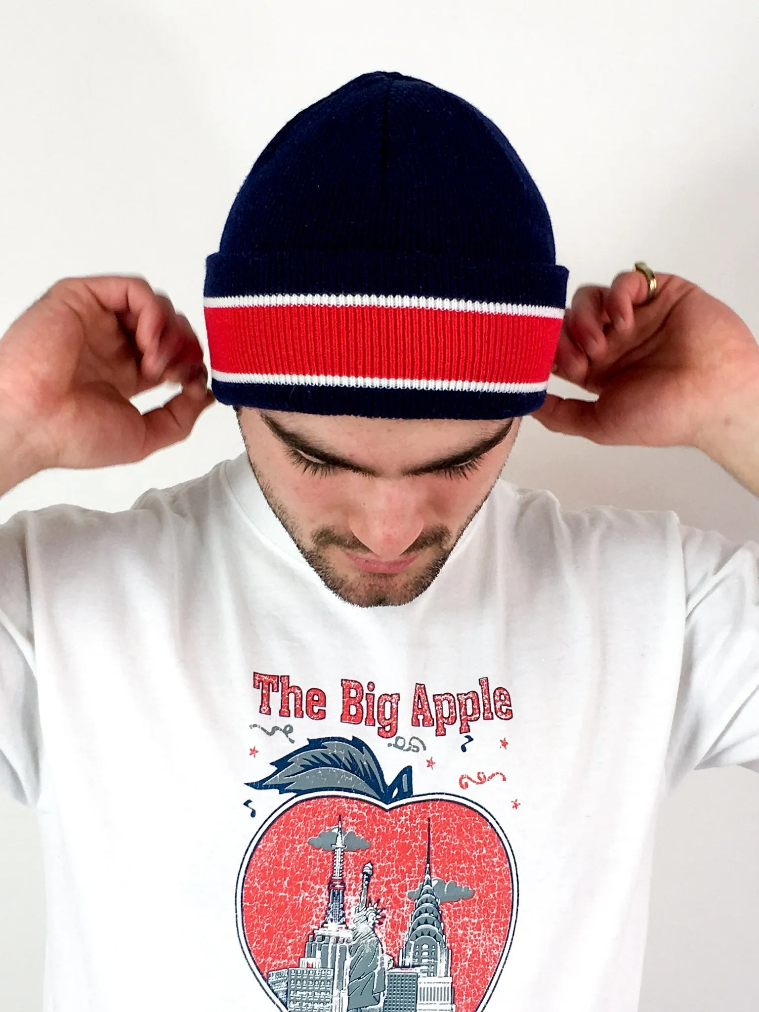 70s/80s navy winter hat, big red stripe