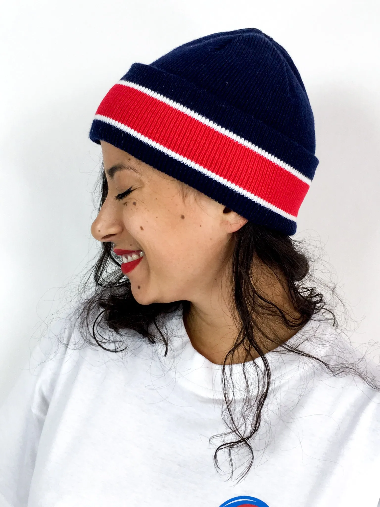 70s/80s navy winter hat, big red stripe