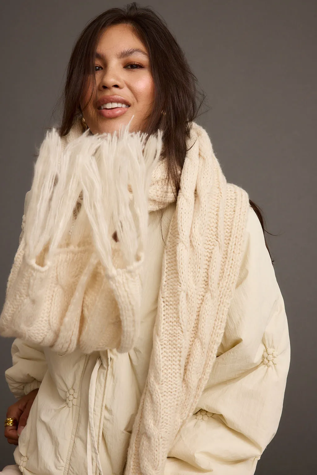 Alaska Cream Cable Knit Long Scarf