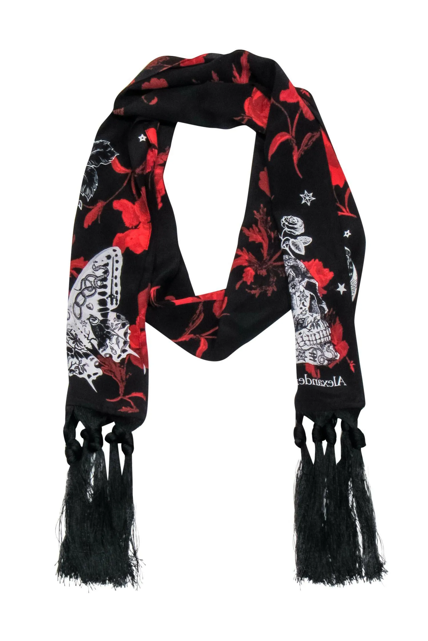 Alexander McQueen - Red & Black Silk Moth & Skull Tassel Scarf