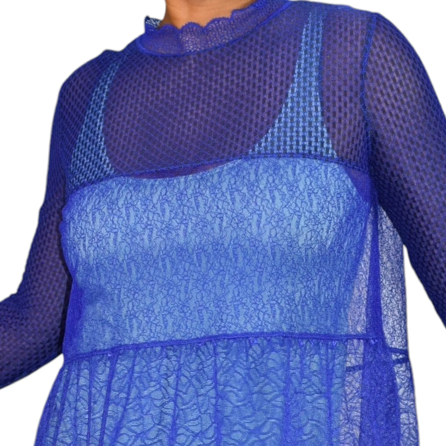 Allsaints Briella Sheer Lace Dress Blue Cobalt Long Sleeves Loose Fit Mesh Tiered Size 8