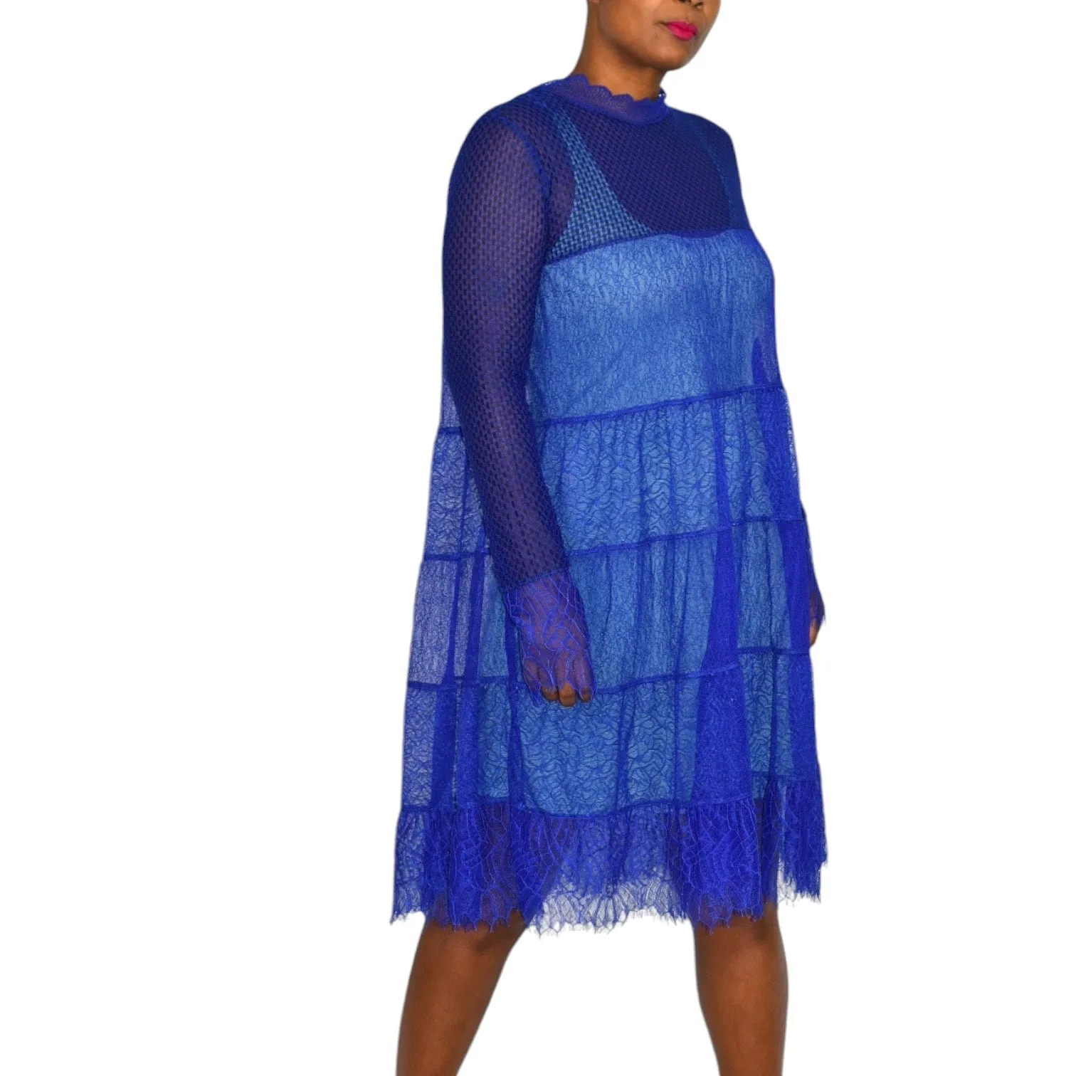 Allsaints Briella Sheer Lace Dress Blue Cobalt Long Sleeves Loose Fit Mesh Tiered Size 8