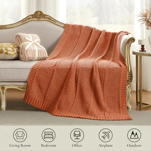 Amélie Home Cable Knit Fall Throw Blanket for Couch, Burnt Orange Chenille Knitted Chunky Knit Blanket with Chevron Texture Non-Shedding, Decorative Farmhouse Soft Blanket for Sofa Chair Bed, 50x 60