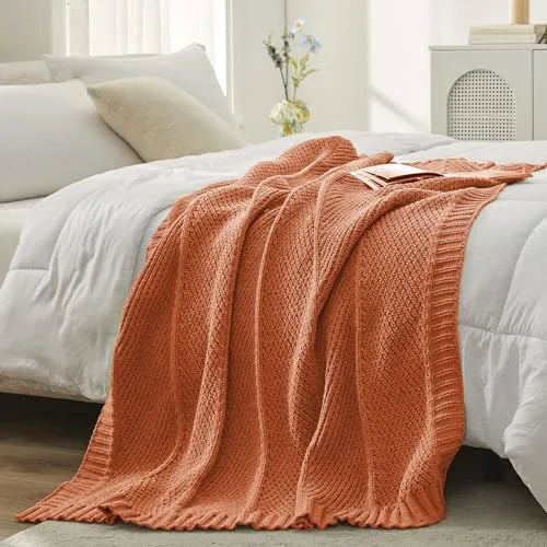 Amélie Home Cable Knit Fall Throw Blanket for Couch, Burnt Orange Chenille Knitted Chunky Knit Blanket with Chevron Texture Non-Shedding, Decorative Farmhouse Soft Blanket for Sofa Chair Bed, 50x 60