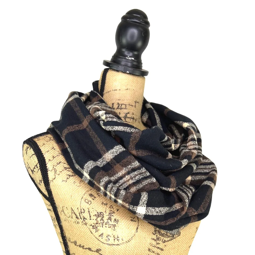 An Autumn Evening Plaid - Deep Rich Tones of Black, Milk Chocolate and Creamy White Plaid Flannel Infinity or Blanket Scarf