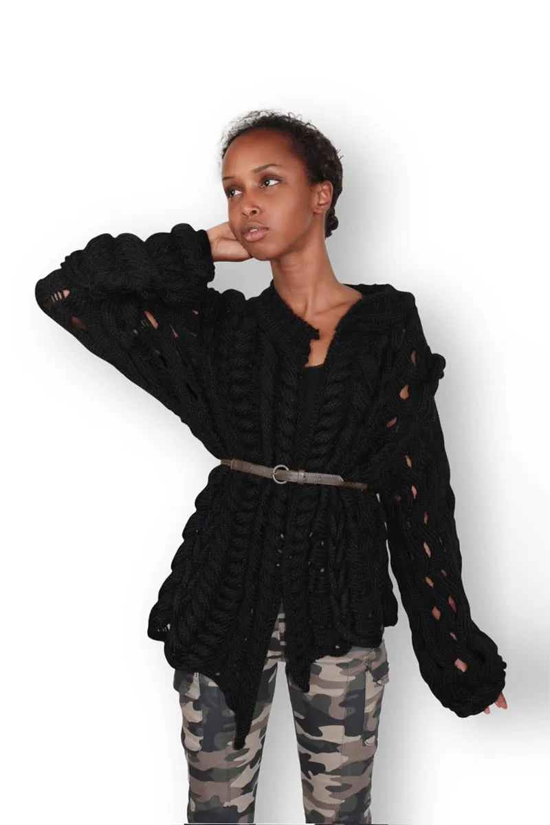 Asymmetric Chunky Cardigan - Black