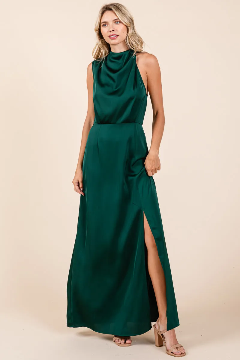 Asymmetric Ruched Satin Sleeveles Slit Maxi Dress