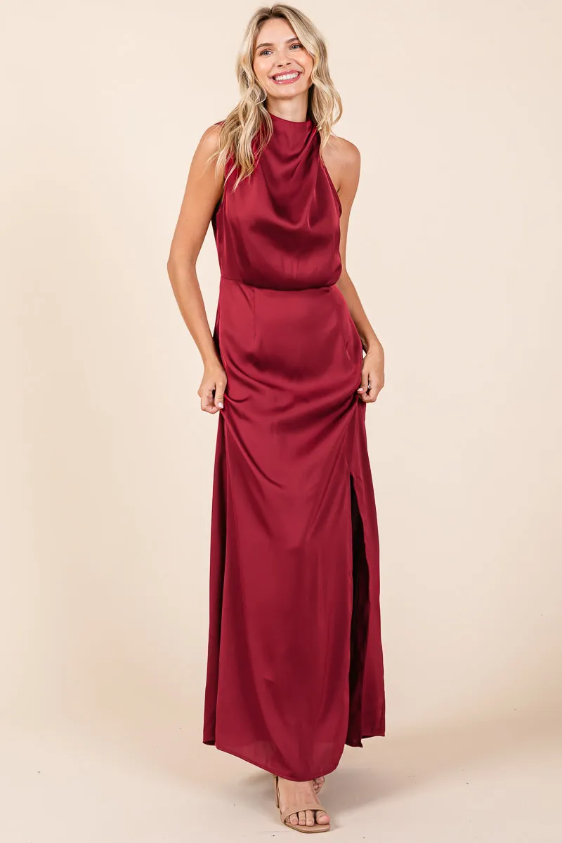 Asymmetric Ruched Satin Sleeveles Slit Maxi Dress