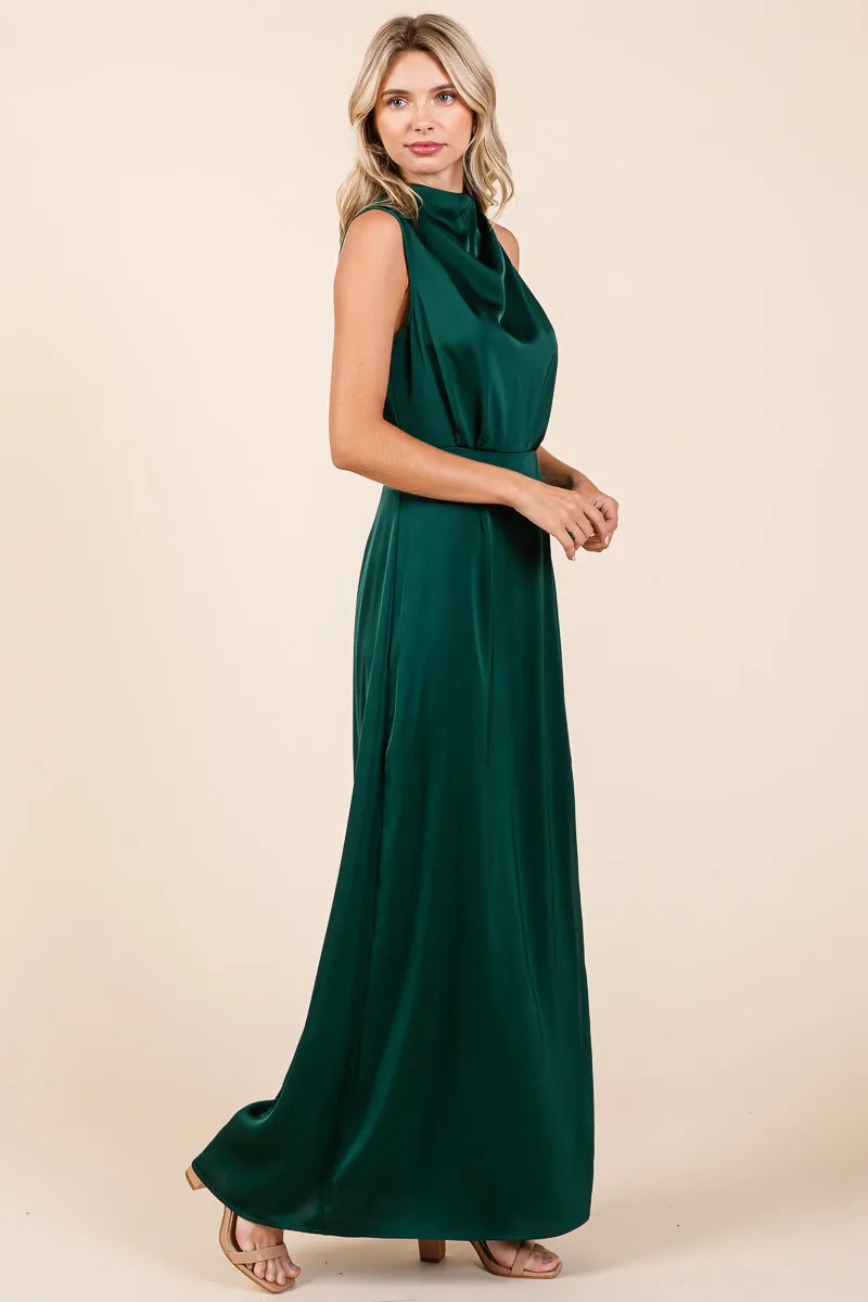 Asymmetric Ruched Satin Sleeveles Slit Maxi Dress