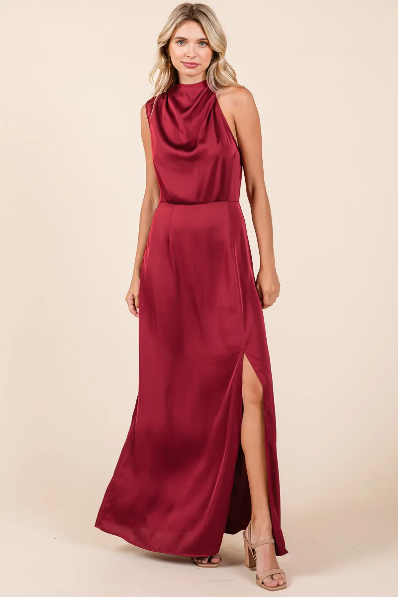 Asymmetric Ruched Satin Sleeveles Slit Maxi Dress