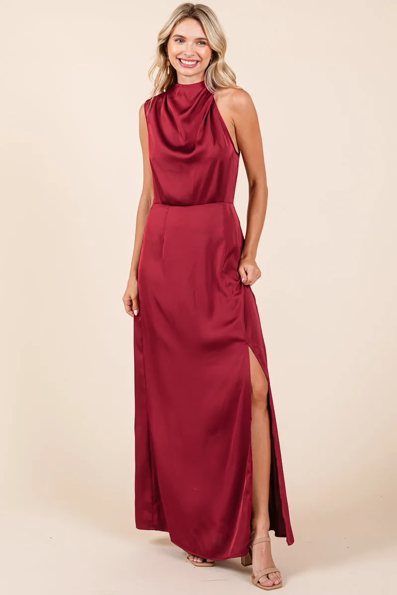 Asymmetric Ruched Satin Sleeveles Slit Maxi Dress