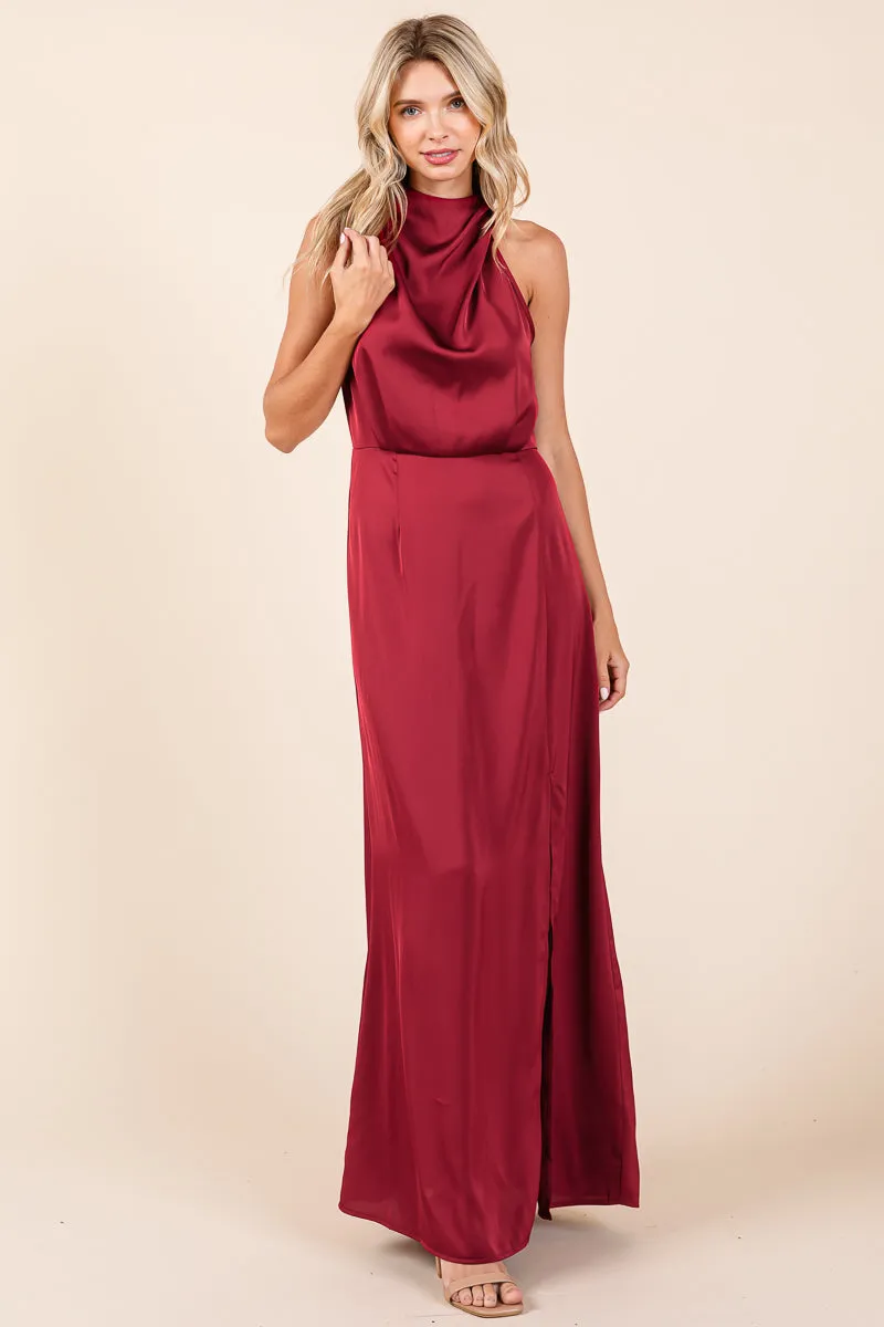 Asymmetric Ruched Satin Sleeveles Slit Maxi Dress