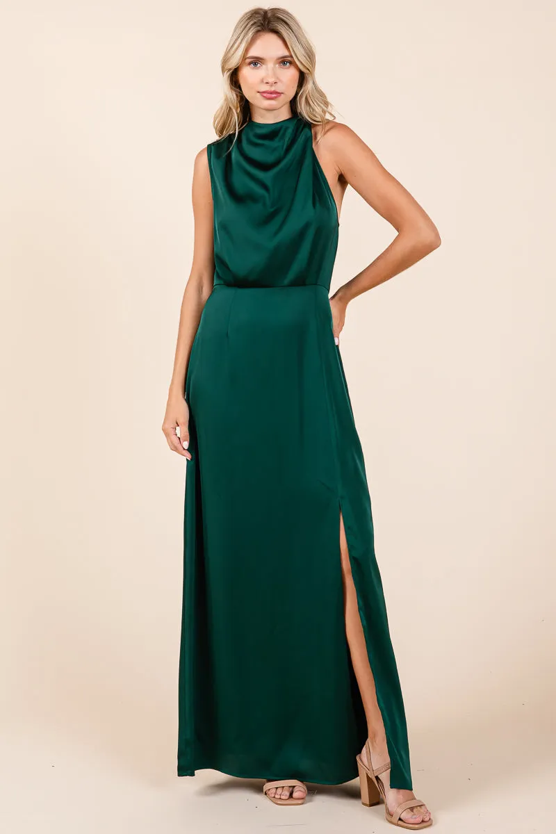 Asymmetric Ruched Satin Sleeveles Slit Maxi Dress