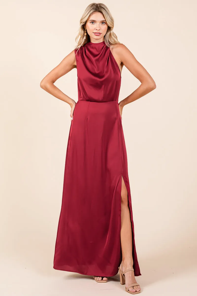 Asymmetric Ruched Satin Sleeveles Slit Maxi Dress