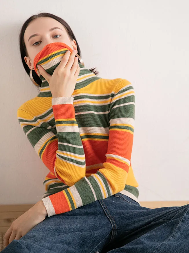 Autumn Leaves Yellow Orange Multi Stripe Mock Neckline Knit Sweater