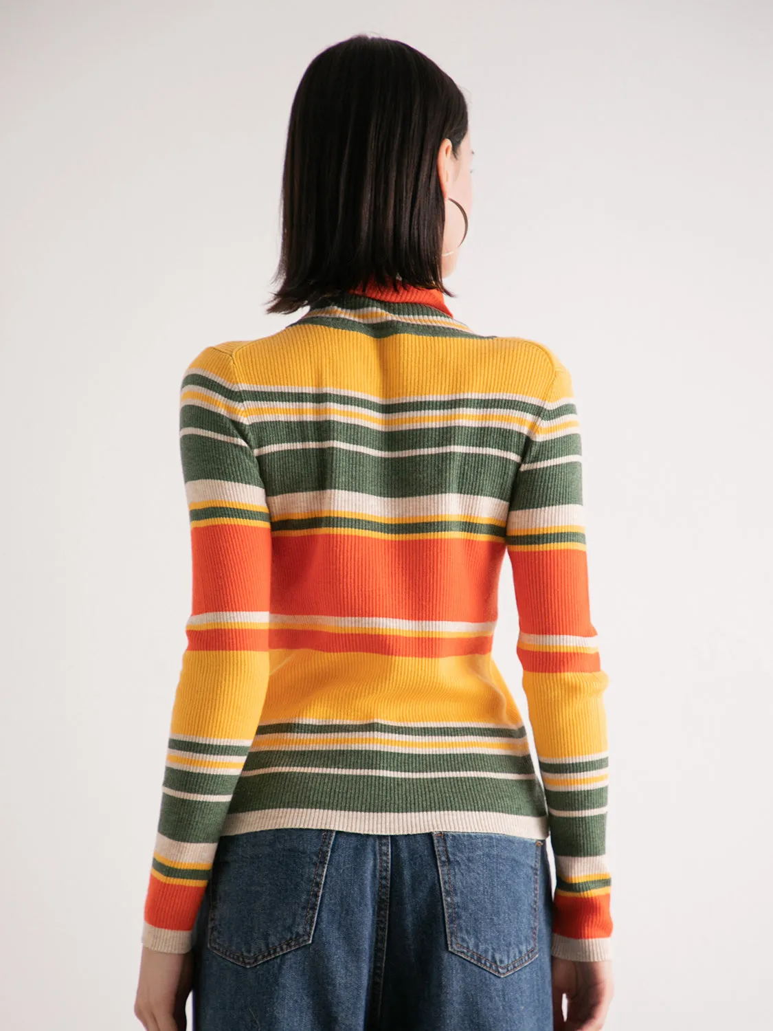 Autumn Leaves Yellow Orange Multi Stripe Mock Neckline Knit Sweater