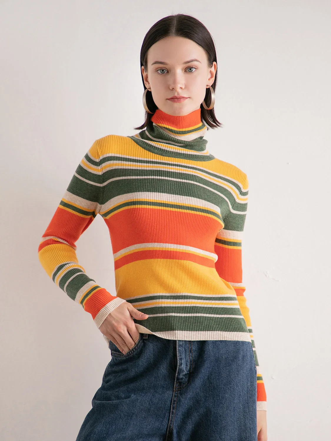 Autumn Leaves Yellow Orange Multi Stripe Mock Neckline Knit Sweater