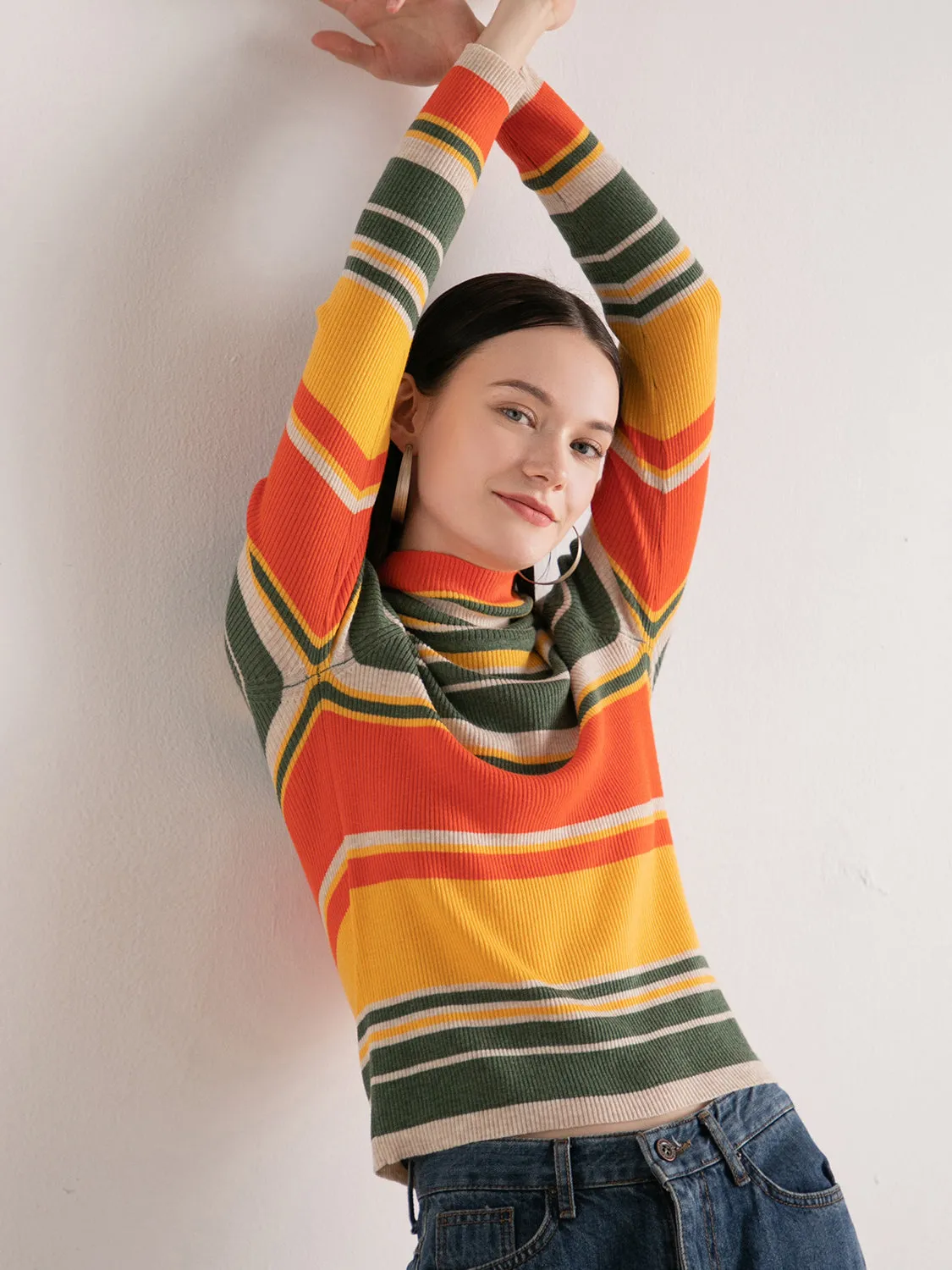 Autumn Leaves Yellow Orange Multi Stripe Mock Neckline Knit Sweater