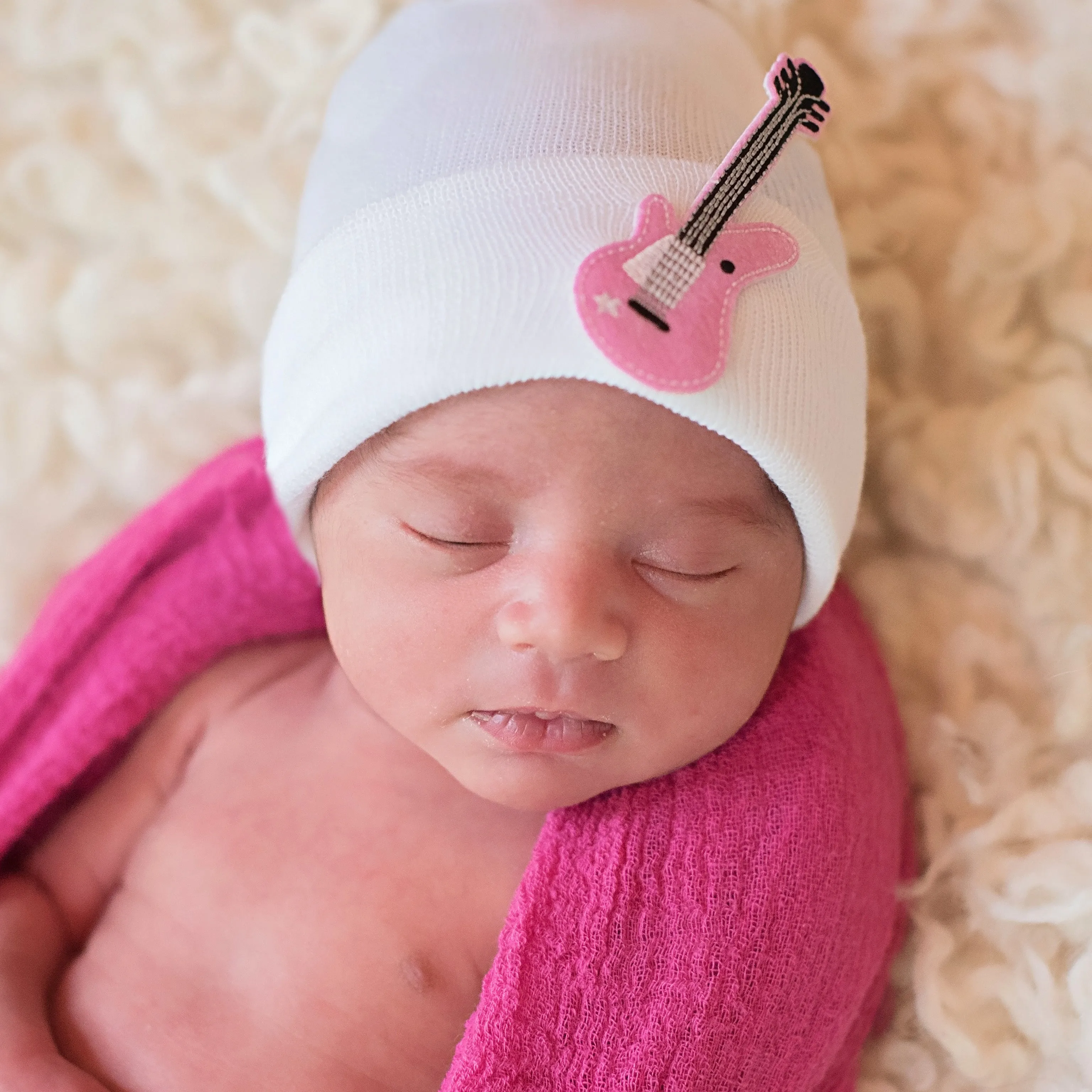 Baby Rocker Hat, White Hat with Pink Guitar Newborn Girl Hospital Hat Infant Hat Newborn Hat