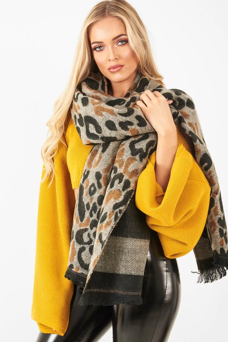 Beige Black Leopard Print Knit Scarf - Addelyn