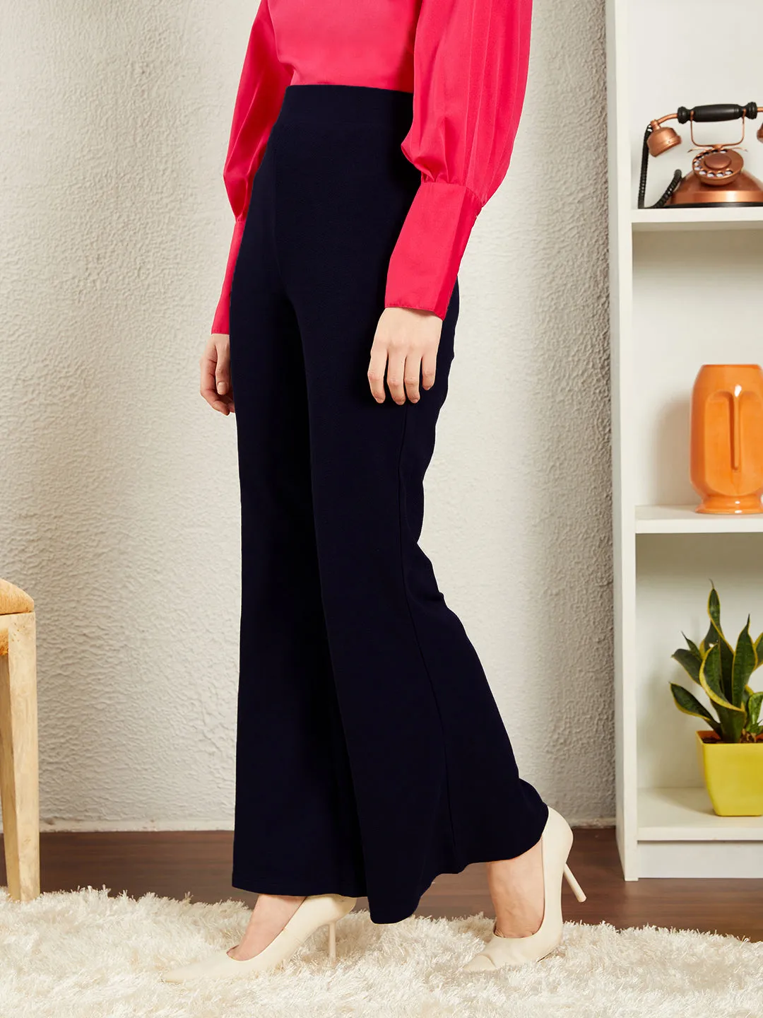 Berrylush BIZwear Women Solid Navy Blue High-Rise Waist Polyester Slip-On Flared Regular Trousers