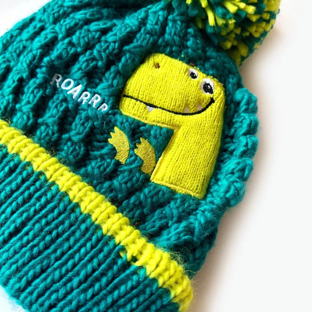 Bertie Embroidered Dino Kids Beanie - Green (Age 3-6)