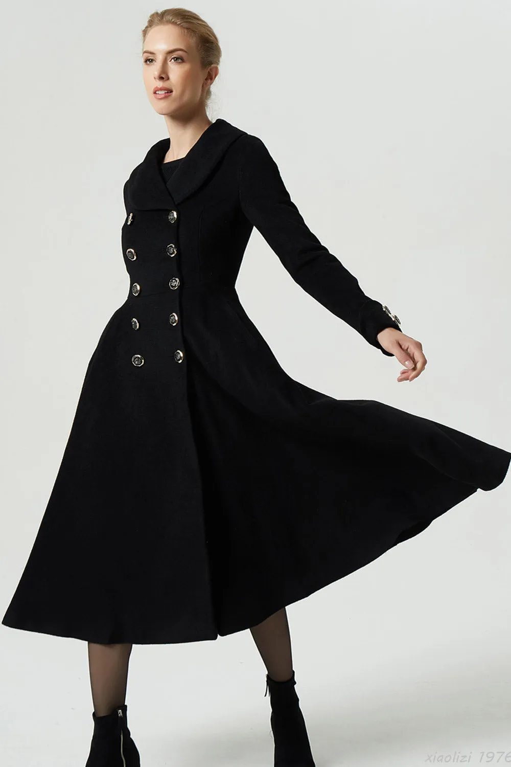 black winter double breasted wool coat  1976#