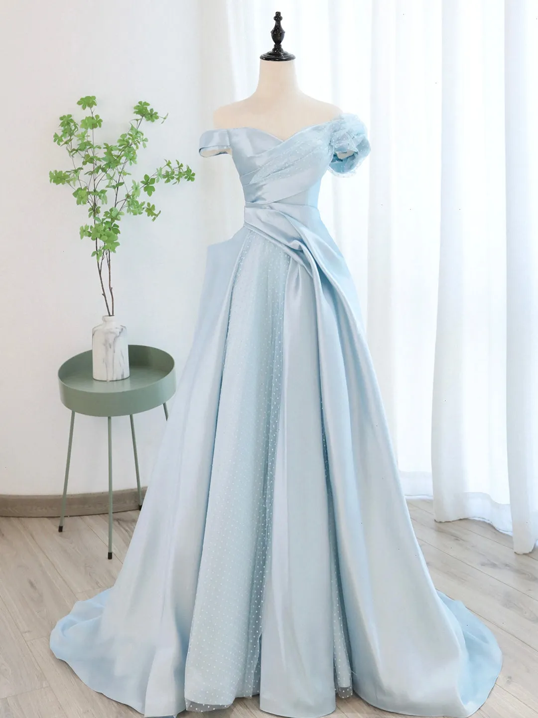 Blue Satin Tulle Long Prom Dress, Off Shoulder Formal Evening Dress