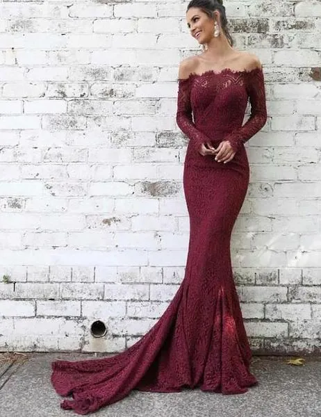 Burgundy Trumpet Mermaid Occasion Long Sleeve Prom Dress