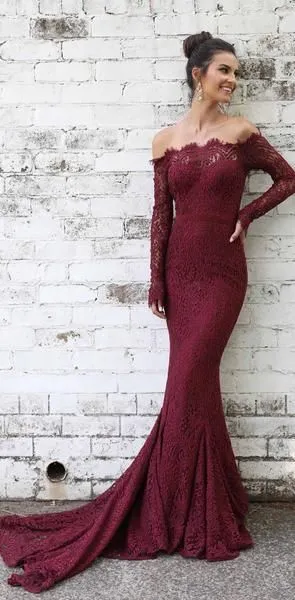 Burgundy Trumpet Mermaid Occasion Long Sleeve Prom Dress