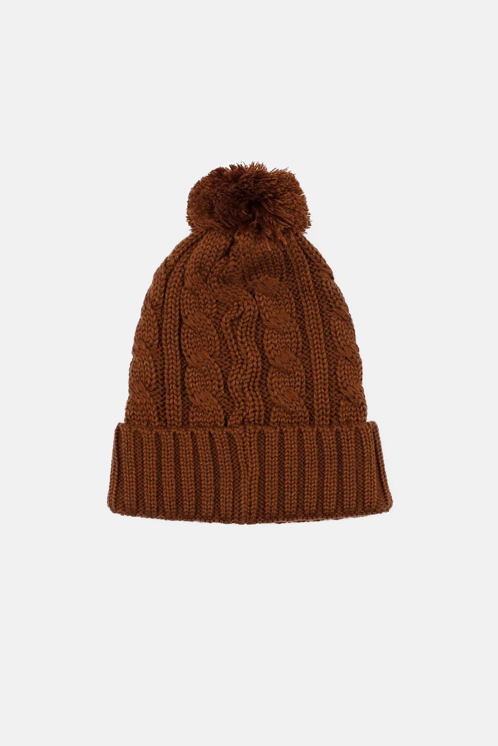 Cable Knit Pom Pom Beanie Brown