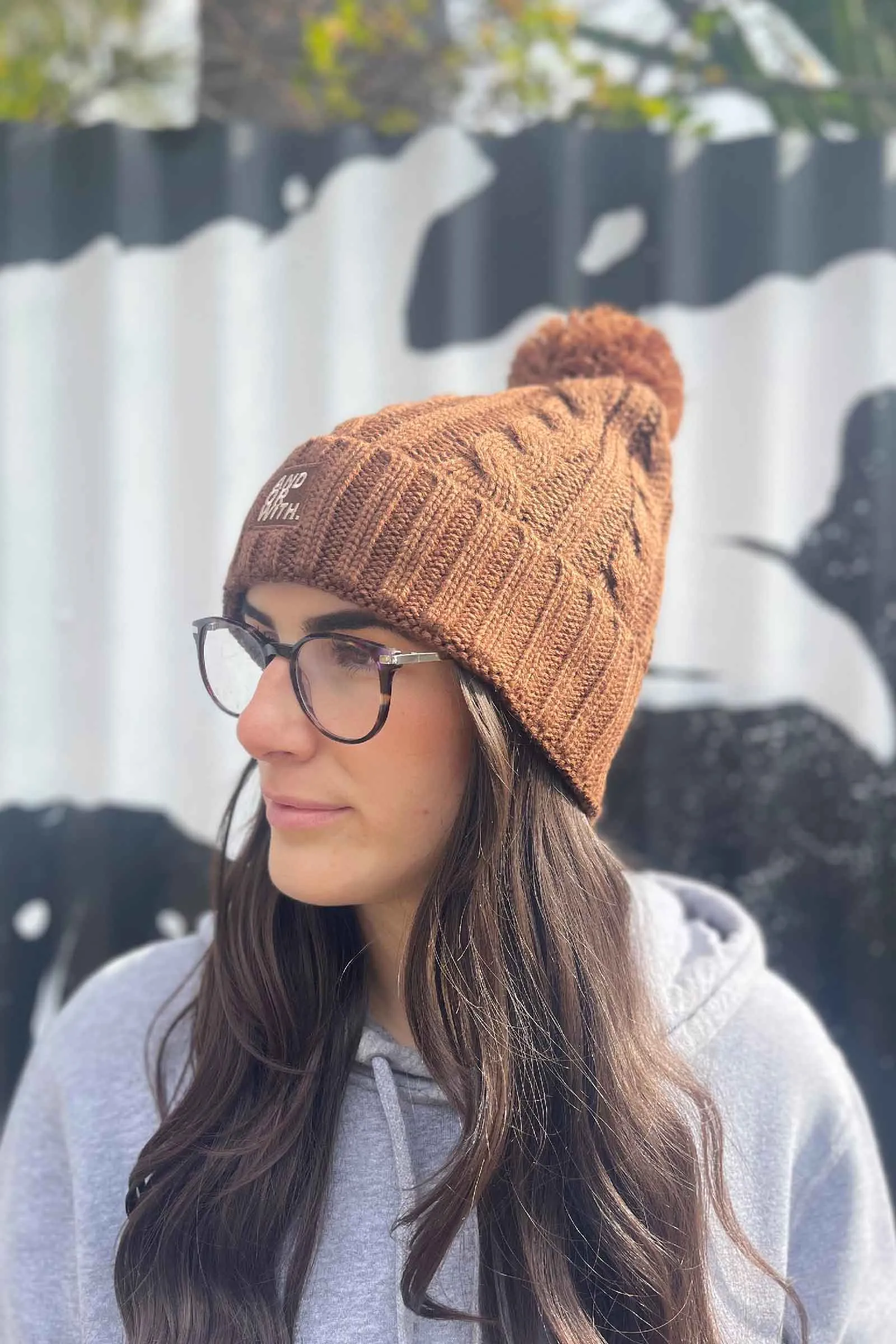 Cable Knit Pom Pom Beanie Brown