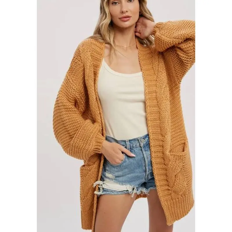 Camel Tan Chunky Cable Slouchy Lantern Sleeve Wrap Cardigan