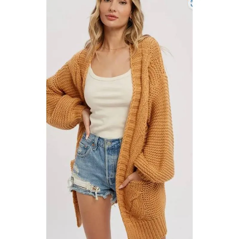 Camel Tan Chunky Cable Slouchy Lantern Sleeve Wrap Cardigan