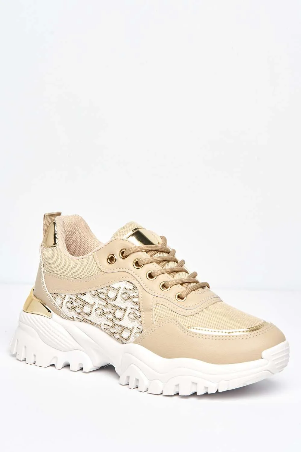 Castelo Knit & Text Detail Chunky Trainer in Nude