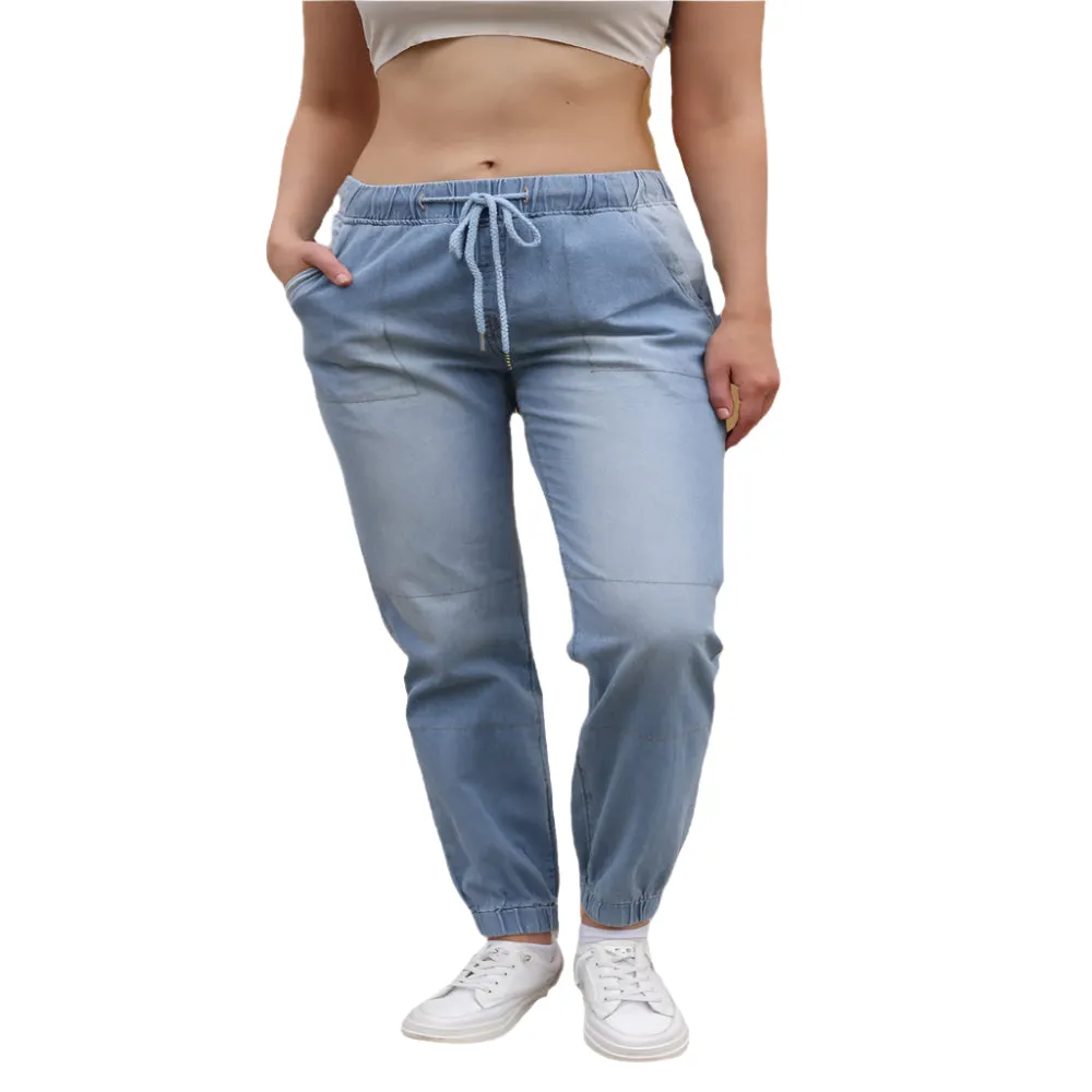 Casual Light Blue Elastic Denim Fabric Jeans For Women