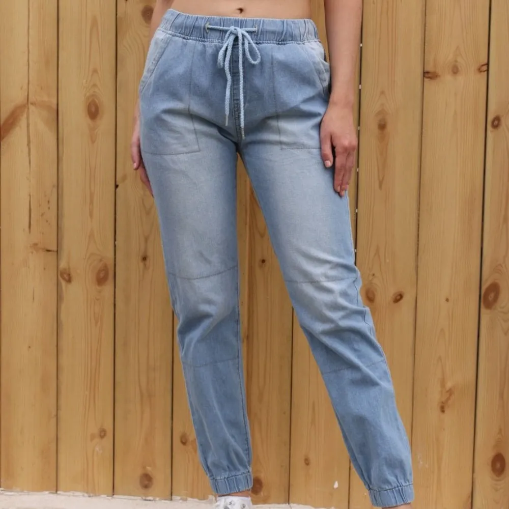 Casual Light Blue Elastic Denim Fabric Jeans For Women