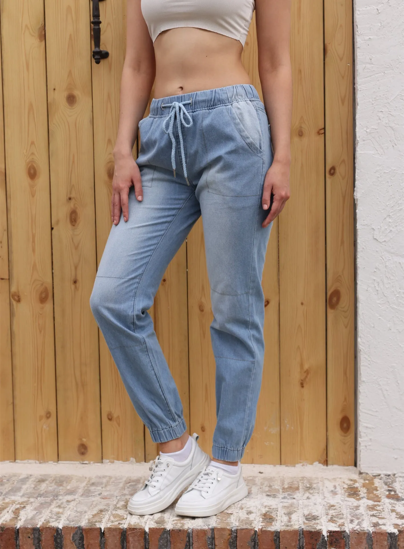 Casual Light Blue Elastic Denim Fabric Jeans For Women