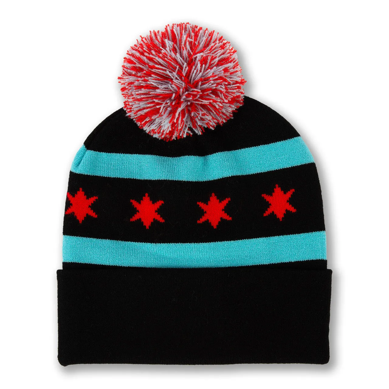 Chicago Flag Knit Hat w/ Pom Black