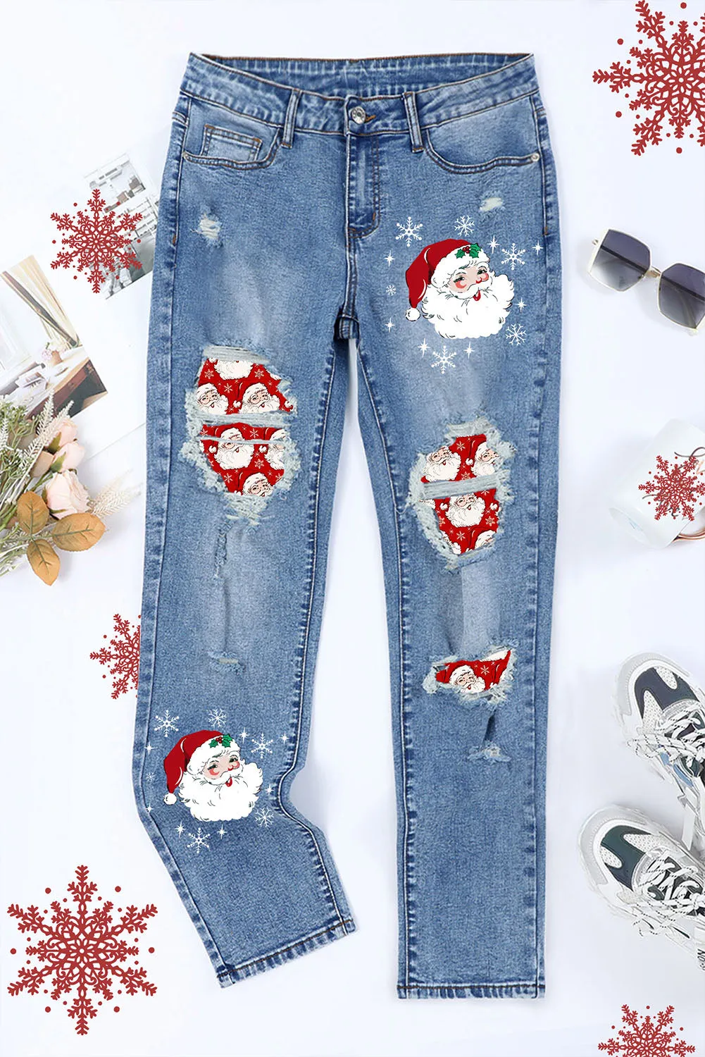 Christmas Santa Clause Pattern Distressed Jeans