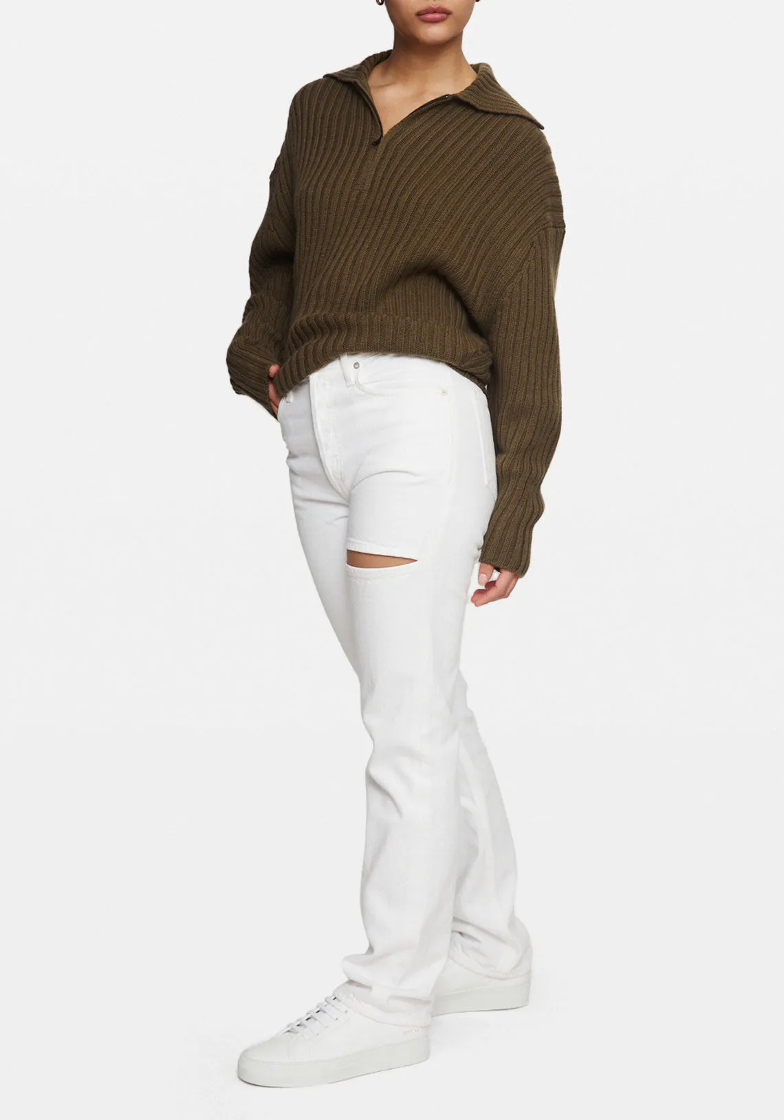 CHUNKY RIBBED POLO KNIT KHAKI