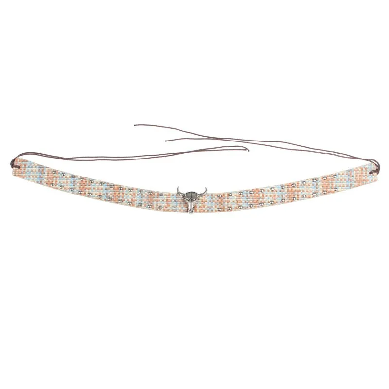 Classic Bison Head Tribal Headband with Woven Strap