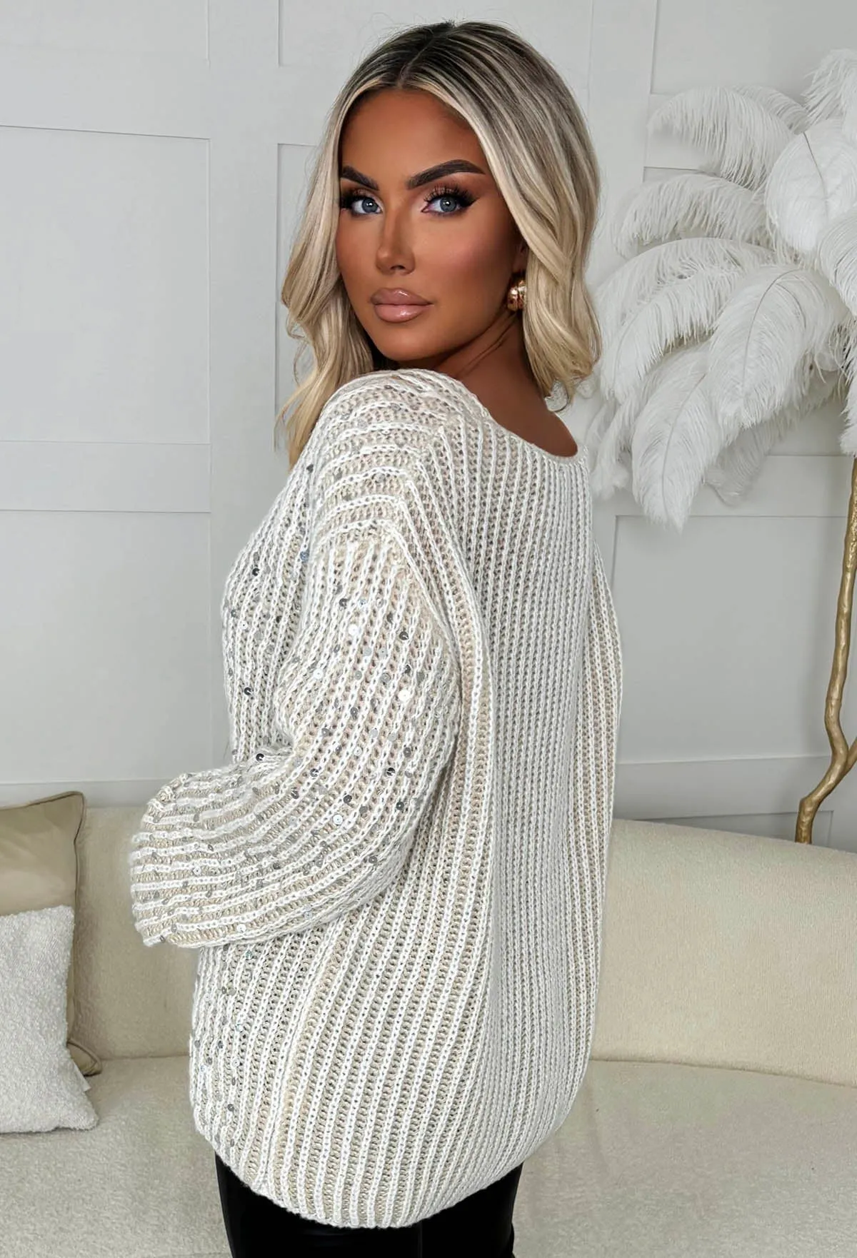 Cleo Beige Chunky Knit Sequin Jumper