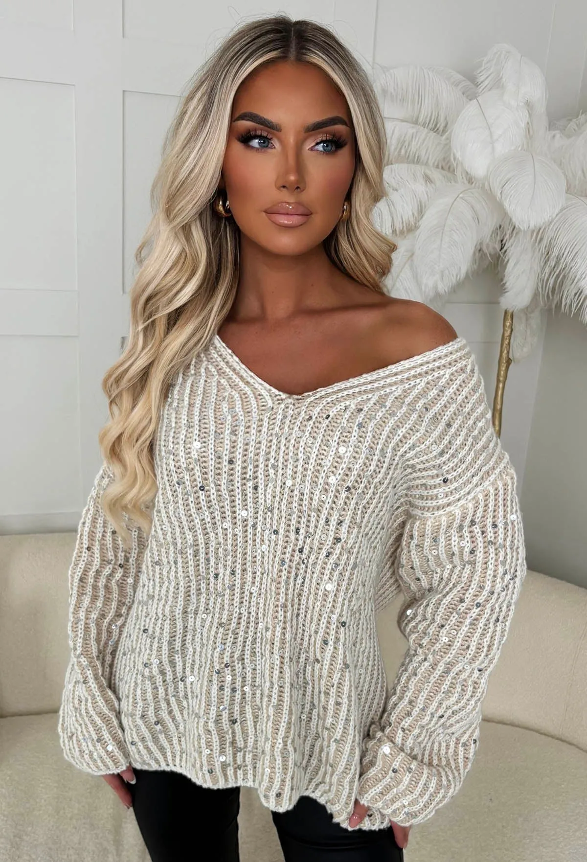 Cleo Beige Chunky Knit Sequin Jumper